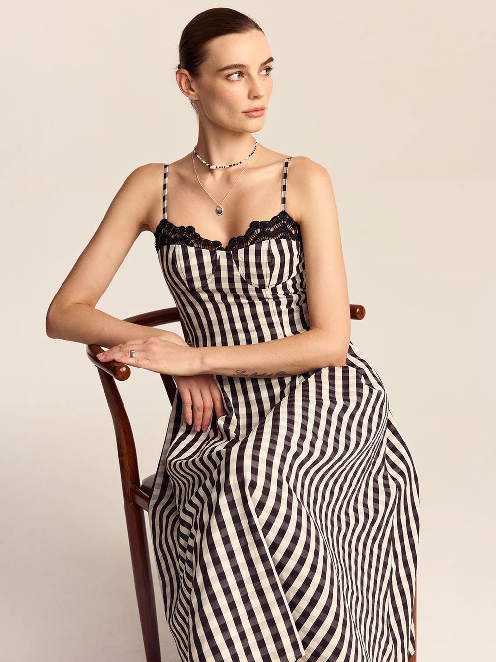 178 Gingham Spaghetti Strap Midi Dress with Lace Trim - Picture 2 of 6